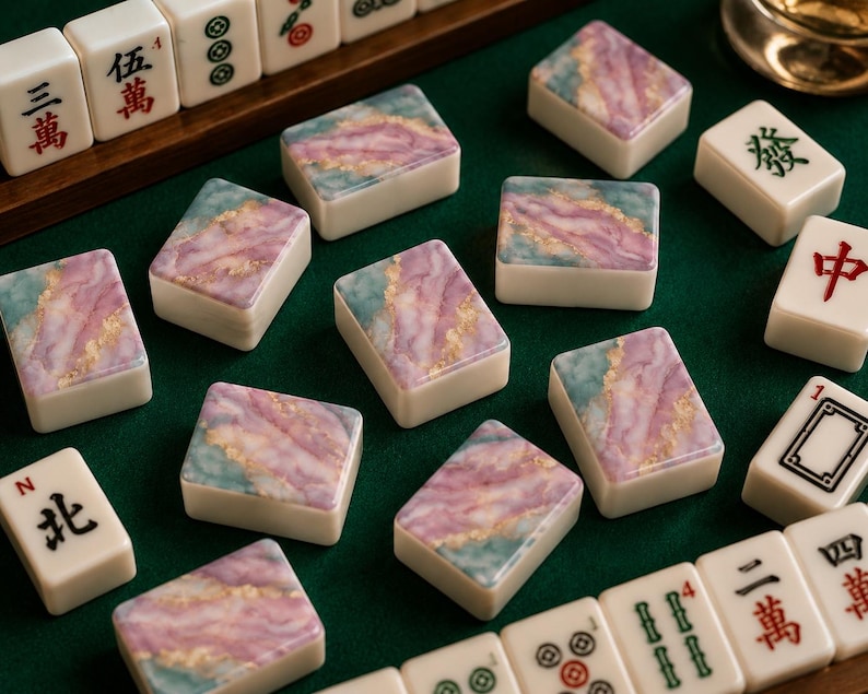 K&ouml;nnte beinhalten: Ein Set aus Mahjong-Spielsteinen mit einem dekorativen marmorierten Muster in Violett, T&uuml;rkis und Goldfolienakzenten auf der R&uuml;ckseite, durchsetzt mit traditionellen wei&szlig;en Spielsteinen, die schwarze, rote und gr&uuml;ne chinesische Schriftzeichen zeigen.
