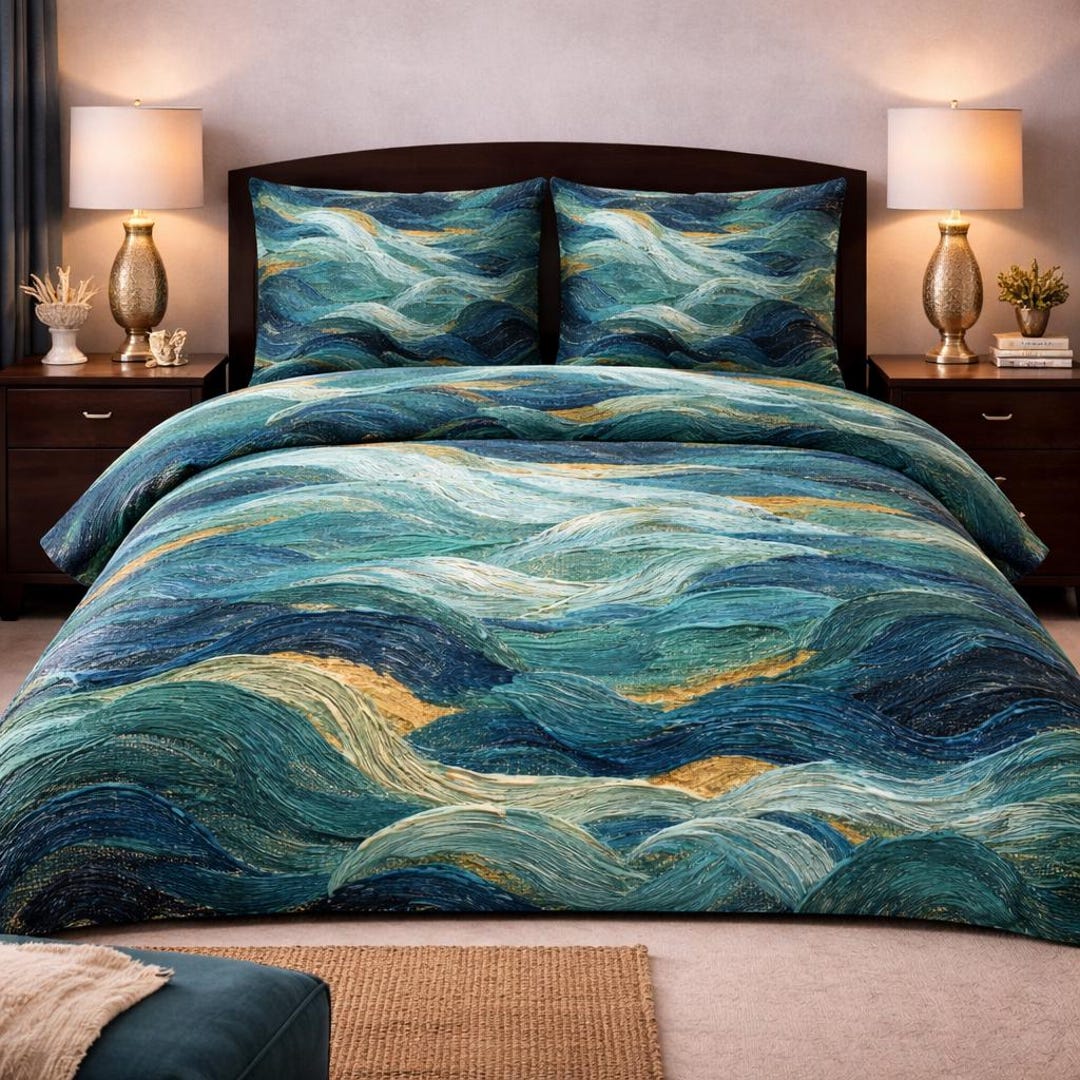 Ocean Wave Duvet Cover Set, Teal and Gold Coastal Bedding, Nautical ...