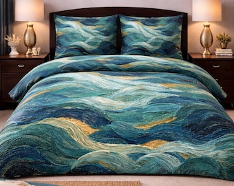 Ocean Wave Duvet Cover Set, Teal and Gold Coastal Bedding, Nautical Bedroom Decor, Abstract Sea Comforter Cover, Modern Beach House Bedding