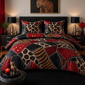 May include: A patchwork quilt and two pillow shams with animal print patterns in black, red, and brown. The quilt features leopard, zebra, and solid textures. The bed is set against a black headboard and a painting of a leopard.