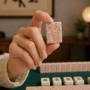 K&ouml;nnte beinhalten: Eine rechteckige Mahjong-Kachel mit einem zarten Kirschbl&uuml;tenmuster in Rosa und Wei&szlig;. Die Kachel wird zwischen den Fingern gehalten, wodurch das florale Muster zur Geltung kommt. Weitere Kacheln mit &auml;hnlichen Designs sind auf einer gr&uuml;nen Oberfl&auml;che zu sehen.