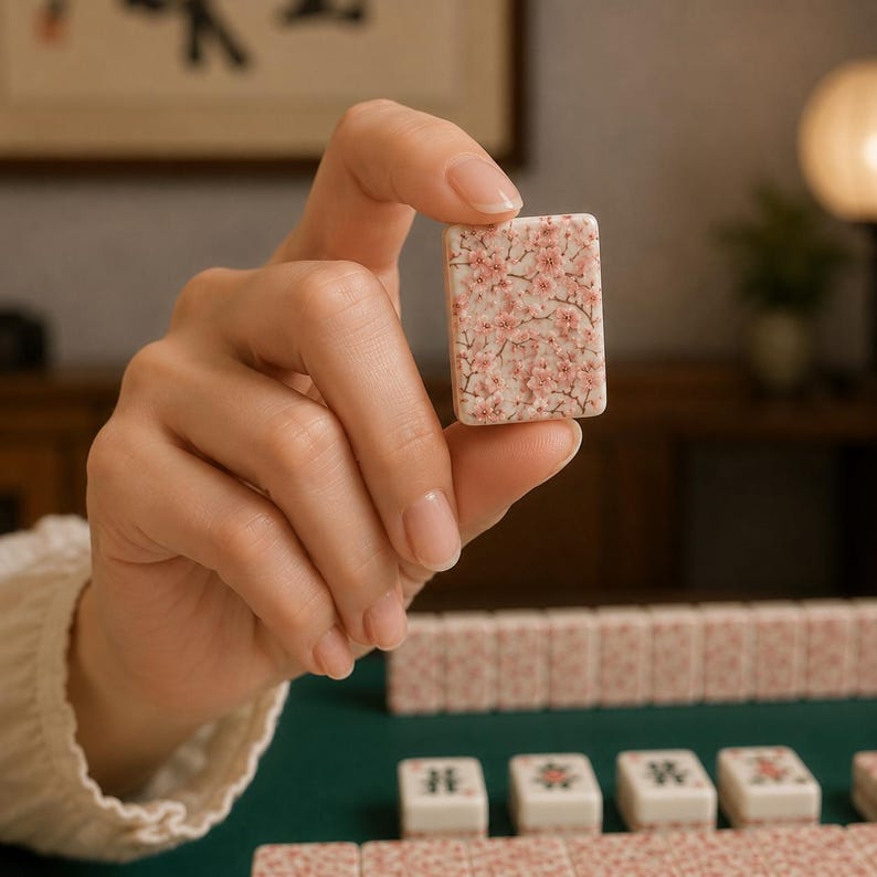 K&ouml;nnte beinhalten: Eine rechteckige Mahjong-Kachel mit einem zarten Kirschbl&uuml;tenmuster in Rosa und Wei&szlig;. Die Kachel wird zwischen den Fingern gehalten, wodurch das florale Muster zur Geltung kommt. Weitere Kacheln mit &auml;hnlichen Designs sind auf einer gr&uuml;nen Oberfl&auml;che zu sehen.
