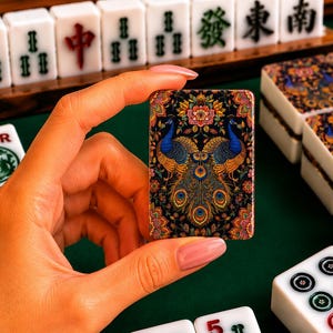 Puede incluir: Una ficha de mahjong rectangular que presenta una ilustraci&oacute;n detallada y colorida de dos pavos reales con cuellos azul vibrante y complejas plumas de cola doradas y verdes, rodeados de motivos florales sobre un fondo negro, sostenida verticalmente.