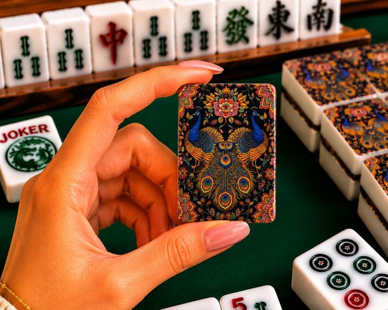 Puede incluir: Una ficha de mahjong rectangular que presenta una ilustraci&oacute;n detallada y colorida de dos pavos reales con cuellos azul vibrante y complejas plumas de cola doradas y verdes, rodeados de motivos florales sobre un fondo negro, sostenida verticalmente.