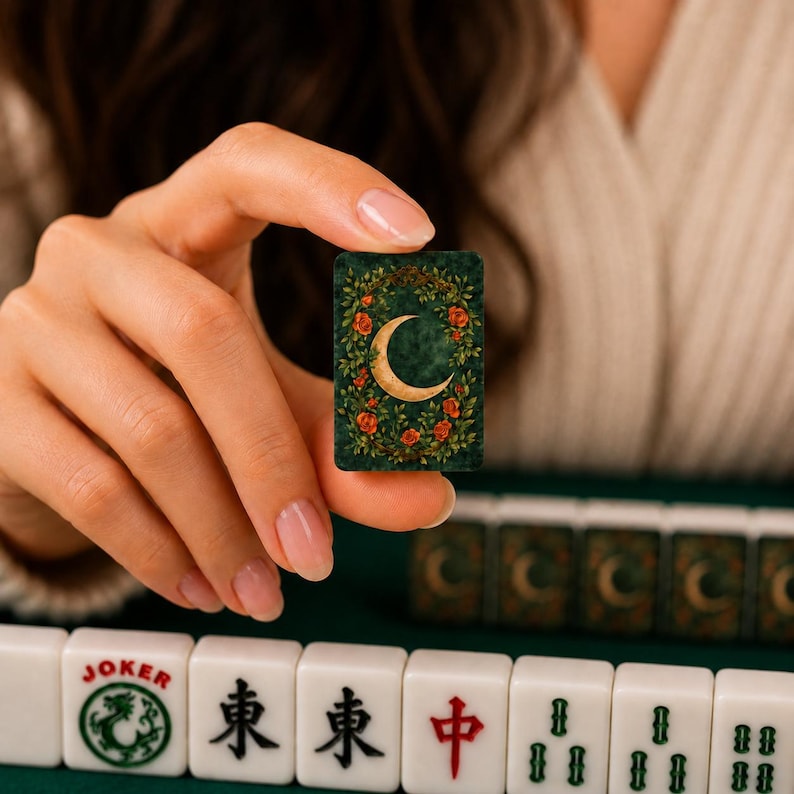 American Mahjong Tile Set with Vintage Moon & Floral Crescent Design, Custom Mahjong Tiles, Elegant Mahjong Gift for Women image 1