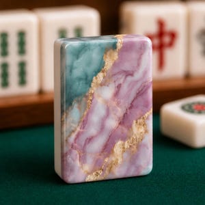 K&ouml;nnte beinhalten: Ein rechteckiger Mahjong-Spielstein mit einer marmorierten Oberfl&auml;che in Blaugr&uuml;n und sanftem Violett, akzentuiert durch feine, unregelm&auml;&szlig;ige Adern aus metallischem Blattgold. Der Spielstein hat glatte, abgerundete Kanten und eine gl&auml;nzende Vorderseite.