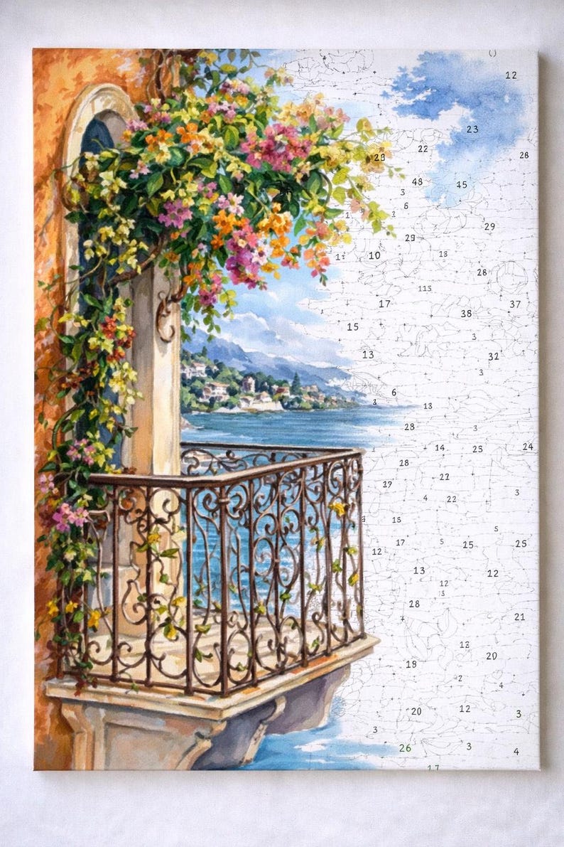Mediterranean Balcony Paint by Numbers Kit for Adults - Coastal Sea ...