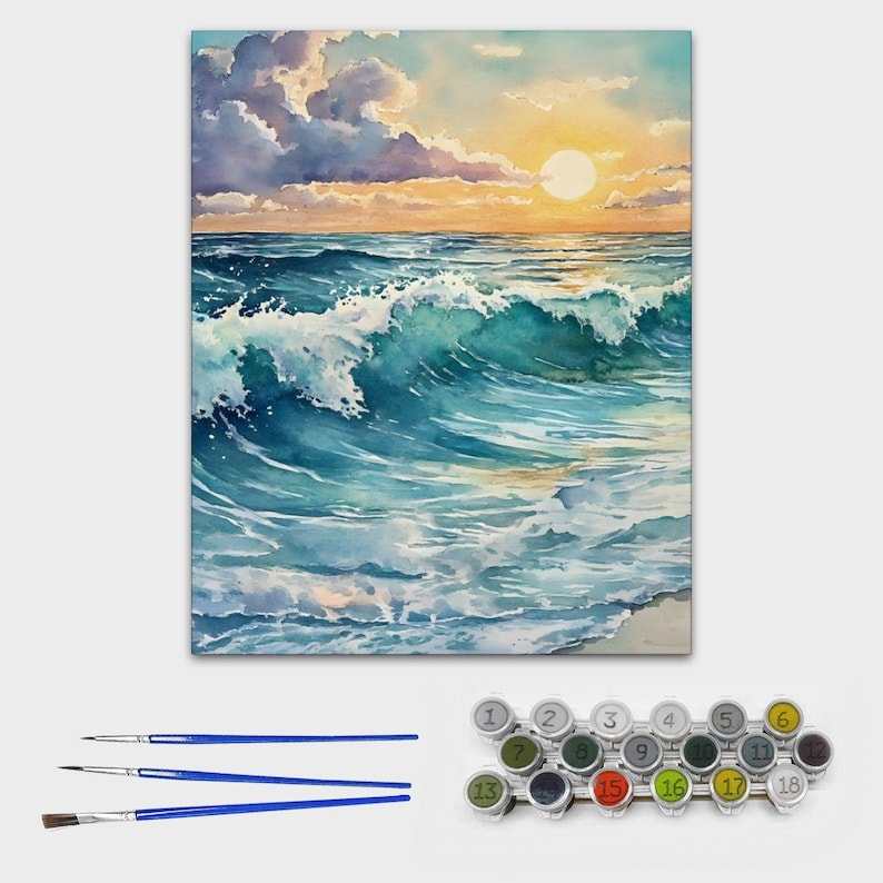 Ocean Waves Paint by Numbers Kit for Adults - Sunset Seascape DIY ...