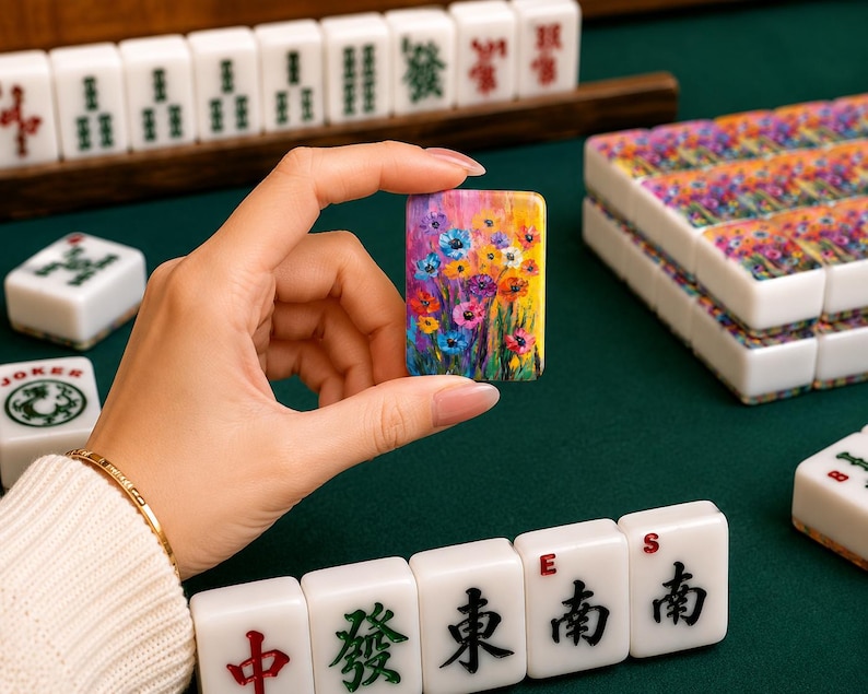May include: A rectangular mahjong tile featuring a vibrant, multi-colored floral painting with shades of blue, purple, yellow, and red. The tile is held upright, displaying a detailed impressionistic flower design against a dark green surface.