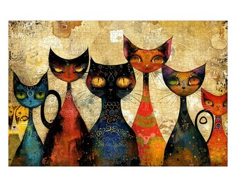 Rompecabezas de gato colorido – Rompecabezas artístico de gato, Rompecabezas de arte de gato caprichoso, Regalo para amantes de los gatos, Rompecabezas de gato bohemio, Rompecabezas de animales único, 1000 piezas