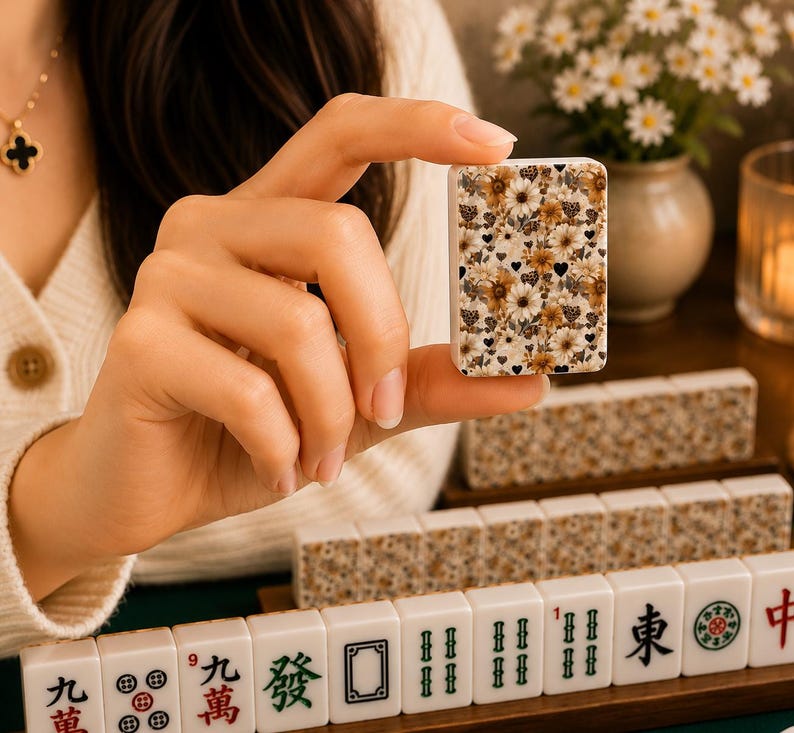 May include: A single mahjong tile held between fingers, featuring a floral pattern with daisies and black hearts on a cream background. Other tiles are visible, along with a wooden rack and a vase of flowers.