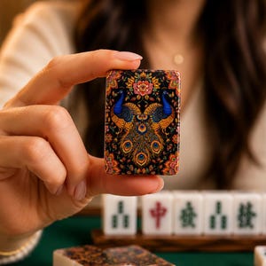 Puede incluir: Una ficha de mahjong rectangular con una ilustraci&oacute;n detallada y colorida de dos pavos reales con cuerpos azules y plumas doradas, rodeados de intrincados patrones florales sobre un fondo negro, sostenida verticalmente para mostrar el dise&ntilde;o.