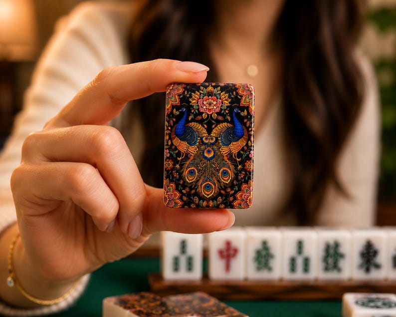 Puede incluir: Una ficha de mahjong rectangular con una ilustraci&oacute;n detallada y colorida de dos pavos reales con cuerpos azules y plumas doradas, rodeados de intrincados patrones florales sobre un fondo negro, sostenida verticalmente para mostrar el dise&ntilde;o.