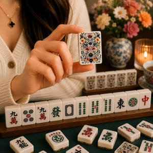 Op de afbeelding: Een witte Mahjong-tegel met een bloemenontwerp wordt omhoog gehouden en toont de ingewikkelde details. Andere tegels met Chinese karakters en symbolen zijn gerangschikt op een houten dienblad. Het spel staat op een groene ondergrond.