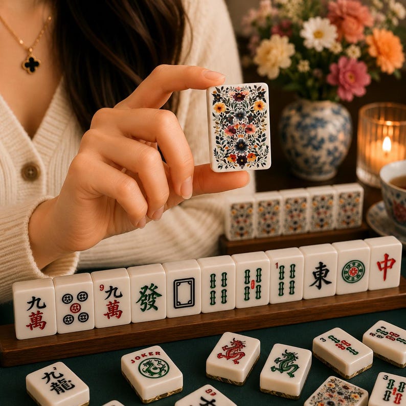 Op de afbeelding: Een witte Mahjong-tegel met een bloemenontwerp wordt omhoog gehouden en toont de ingewikkelde details. Andere tegels met Chinese karakters en symbolen zijn gerangschikt op een houten dienblad. Het spel staat op een groene ondergrond.