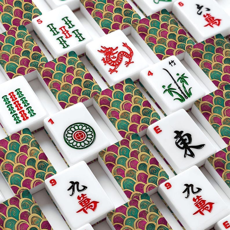 American Mahjong Tile Set with Art Deco Fan Pattern Backs, Luxury Custom Mahjong Tiles, Vibrant Teal, Magenta & Gold Design, Mahjong Gift image 3