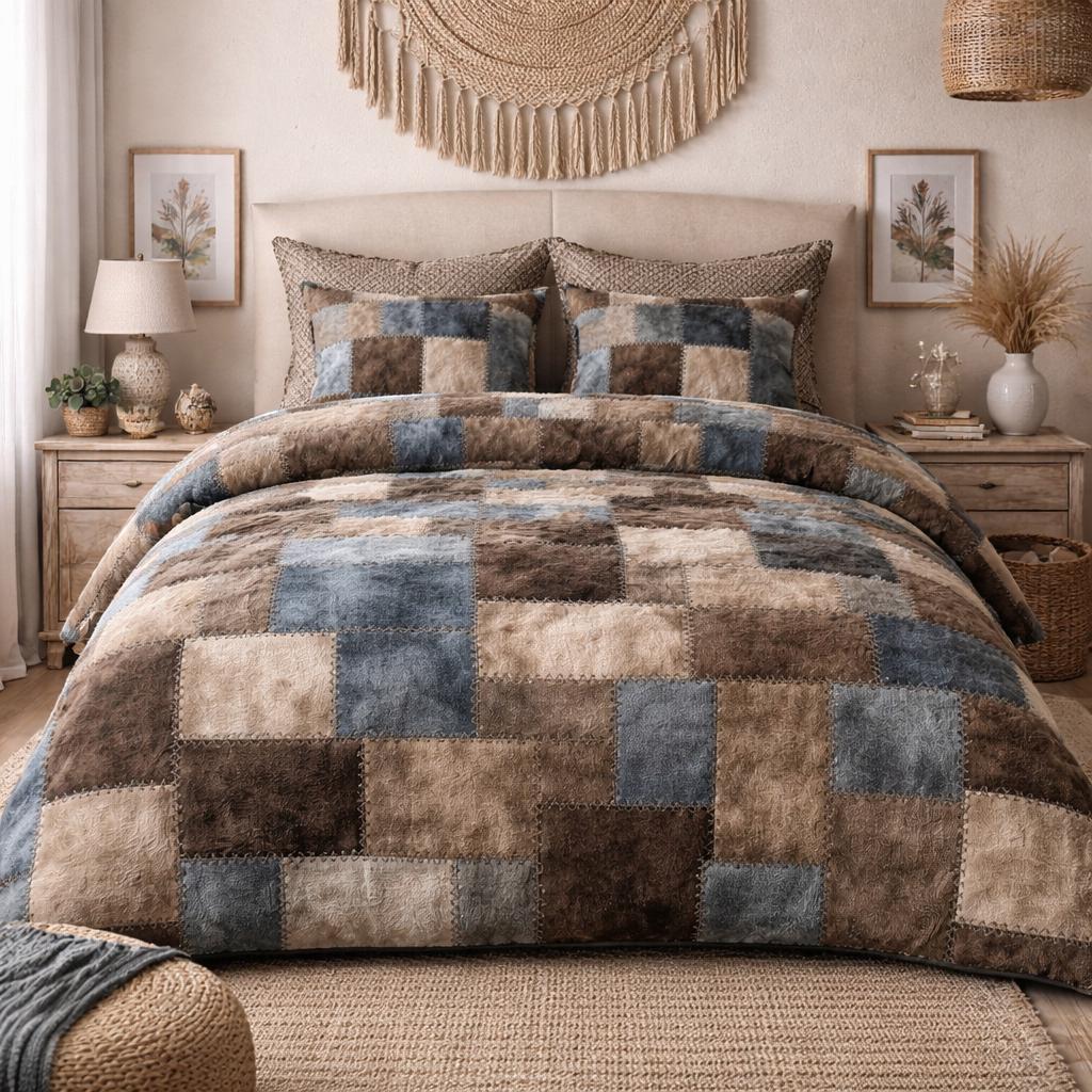 Boho Patchwork Duvet Cover Set, Blue Beige Rustic Bedding, Vintage ...