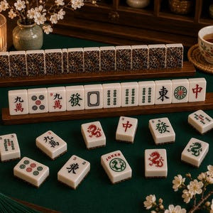 May include: A complete Mahjong set with white tiles featuring Chinese characters and symbols, displayed on a green surface. The set includes tiles with red dragons, green dragons, and a joker tile. A cup of tea and flowers are also present.