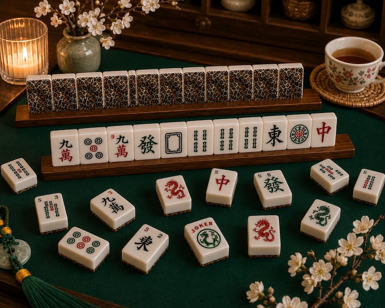 May include: A complete Mahjong set with white tiles featuring Chinese characters and symbols, displayed on a green surface. The set includes tiles with red dragons, green dragons, and a joker tile. A cup of tea and flowers are also present.