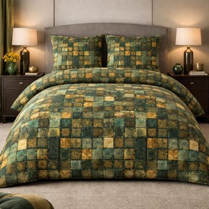 Green Patchwork Duvet Cover Set, Botanical Tile Bedding, Emerald and Gold Comforter Set, Modern Rustic Bedroom, Farmhouse Quilt Style Beddin
