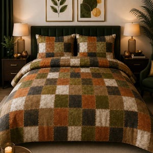 Pode incluir: Uma cama com um edredom de retalhos e fronhas a condizer em tons de castanho, laranja, verde e creme. O edredom apresenta um padrão quadrado. Duas estampas botânicas emolduradas penduram-se acima da cama.