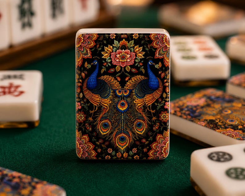 Puede incluir: Una ficha de mahjong rectangular con una ilustraci&oacute;n detallada de dos pavos reales azules frente a frente, rodeados de intrincados patrones florales en tonos naranja, rosa y dorado sobre un fondo negro con bordes blancos.