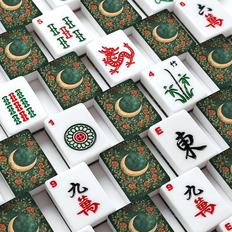 American Mahjong Tile Set with Vintage Moon & Floral Crescent Design, Custom Mahjong Tiles, Elegant Mahjong Gift for Women image 2
