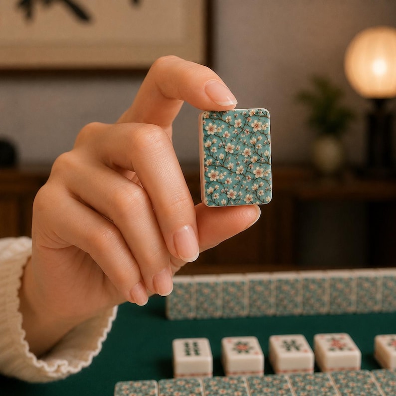 May include: A rectangular mahjong tile featuring a teal background with a detailed pattern of white cherry blossoms and brown branches. The tile has a smooth, glossy finish and is held upright, displaying the floral design clearly on its front face.