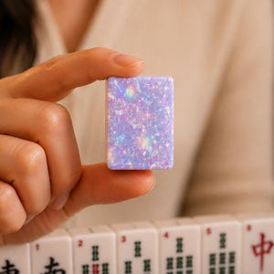 May include: A rectangular mahjong tile featuring a lavender base with a dense, iridescent, and holographic glitter finish that reflects light with sparkling prismatic colors. The tile has a smooth, glossy surface and rounded edges.