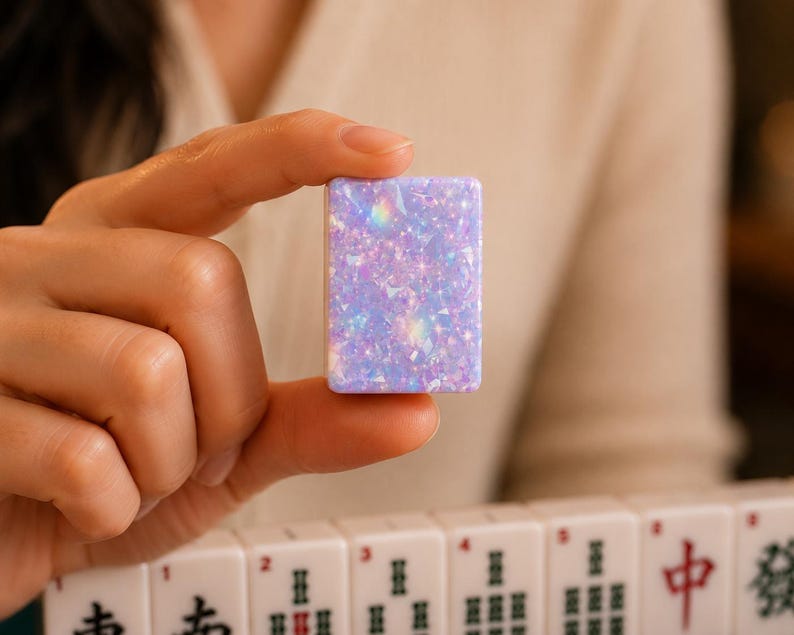 May include: A rectangular mahjong tile featuring a lavender base with a dense, iridescent, and holographic glitter finish that reflects light with sparkling prismatic colors. The tile has a smooth, glossy surface and rounded edges.