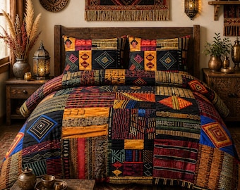 Boho Rustic Tribal Duvet Cover Set, Patchwork Ethnic Bedding, Black & Bronze , African Inspired Quilt Design, Warm Earth Tone Bedroom Decor
