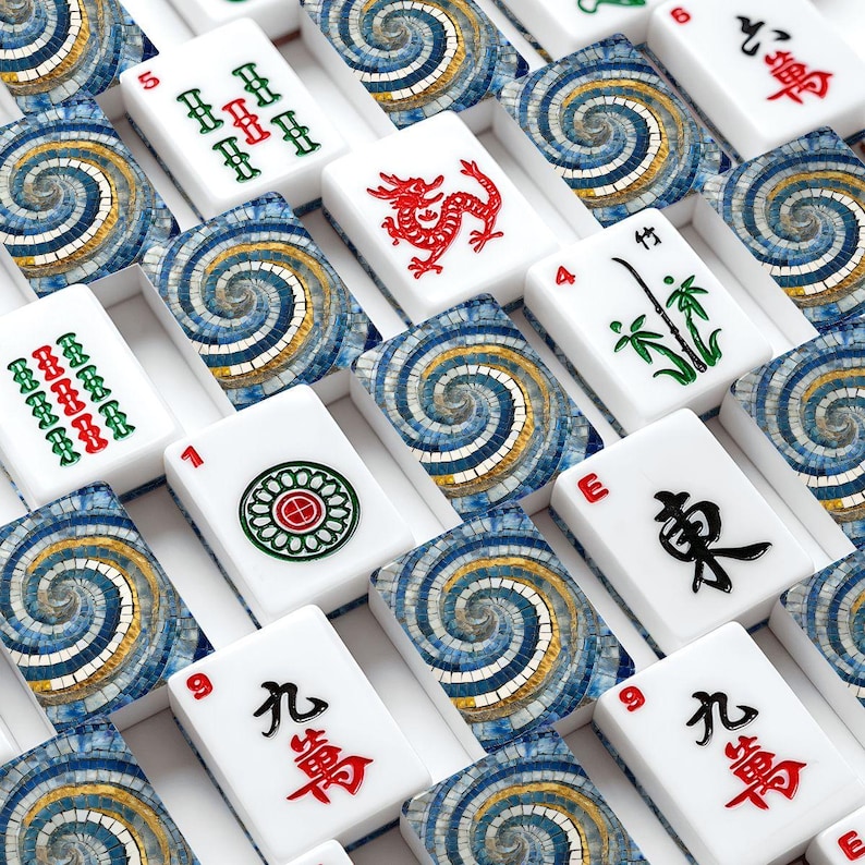 American Mahjong Set Blue Mosaic Spiral Mahjong Tiles, Elegant Game Night Gift, Unique Mahjong Design, Mahjong Lover Present image 2