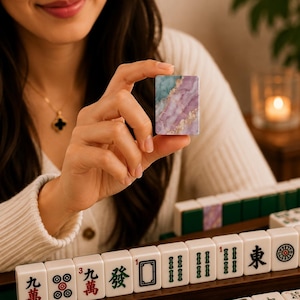K&ouml;nnte beinhalten: Ein rechteckiger Mahjong-Spielstein mit einem Marmormuster in T&uuml;rkis, Violett und Wei&szlig; mit goldfarbenen Akzenten. Der Spielstein wird aufrecht gehalten und zeigt eine glatte, gl&auml;nzende Oberfl&auml;che, die sich von den wei&szlig;en Standard-Spielsteinen abhebt.