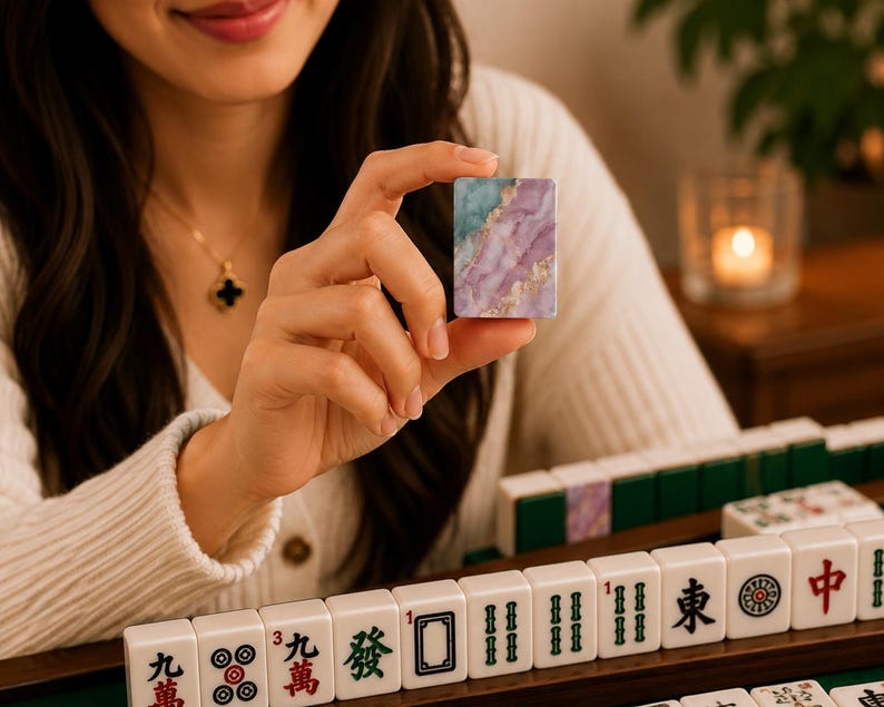 K&ouml;nnte beinhalten: Ein rechteckiger Mahjong-Spielstein mit einem Marmormuster in T&uuml;rkis, Violett und Wei&szlig; mit goldfarbenen Akzenten. Der Spielstein wird aufrecht gehalten und zeigt eine glatte, gl&auml;nzende Oberfl&auml;che, die sich von den wei&szlig;en Standard-Spielsteinen abhebt.