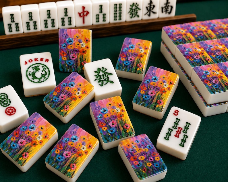 May include: A set of mahjong tiles featuring white rectangular blocks with colorful floral paintings of blue, orange, and pink flowers. Some tiles display traditional green Chinese characters, the word JOKER with a green dragon, or red numbers.