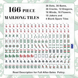 Puede incluir: Un juego de 166 fichas de Mahjong que incluye 36 puntos, 36 bamb&uacute;es, 36 caracteres, 12 dragones, 16 vientos, 16 flores, 10 comodines y 4 fichas en blanco. Las fichas blancas muestran varios s&iacute;mbolos, caracteres y dise&ntilde;os florales en rojo, verde y negro.