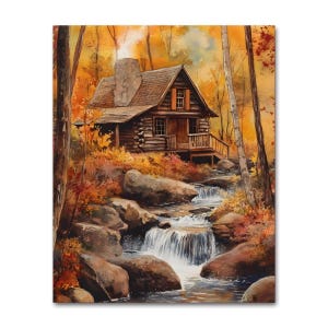 Puede incluir: Pintura a la acuarela de una cabaña rústica de madera en un bosque durante el otoño. La cabaña tiene una chimenea de piedra y un pequeño porche. Una cascada cae sobre rocas en primer plano, rodeada de colorido follaje otoñal.
