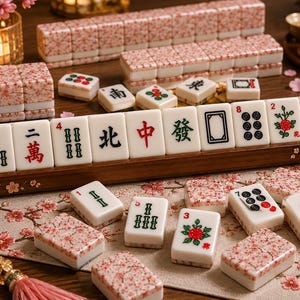 K&ouml;nnte beinhalten: Ein komplettes Mahjong-Set mit wei&szlig;en Spielsteinen mit roten und gr&uuml;nen Symbolen und chinesischen Schriftzeichen. Die Spielsteine sind auf einem Holztablett und einer Oberfl&auml;che mit floralem Muster angeordnet. Das Set enth&auml;lt dekorative Bl&ouml;cke mit rosa floralem Design.
