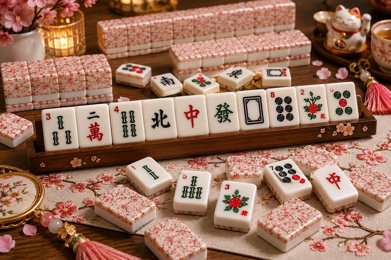 K&ouml;nnte beinhalten: Ein komplettes Mahjong-Set mit wei&szlig;en Spielsteinen mit roten und gr&uuml;nen Symbolen und chinesischen Schriftzeichen. Die Spielsteine sind auf einem Holztablett und einer Oberfl&auml;che mit floralem Muster angeordnet. Das Set enth&auml;lt dekorative Bl&ouml;cke mit rosa floralem Design.