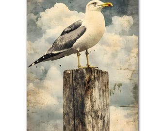 May include: A vintage-style print of a seagull perched atop a weathered wooden post. The seagull has white and gray feathers, a yellow beak, and yellow legs. The background features a cloudy sky with a vintage filter applied.