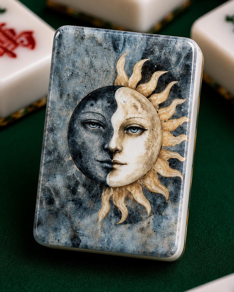 May include: A rectangular mahjong tile featuring a detailed illustration of a sun and moon face merged together. The background has a mottled blue and gray marble-like texture, while the sun rays are rendered in shades of cream and gold.