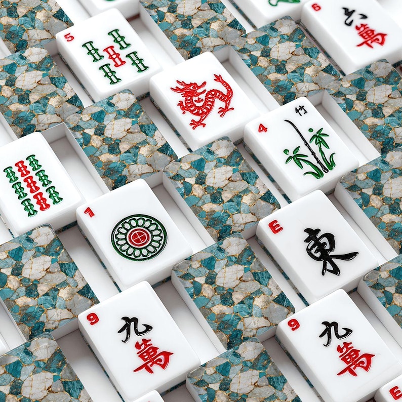 American Mahjong Tile Set with Blue Teal Stone Mosaic Design, Luxury Mahjong Gift for Women, Mahjong Game Accessories image 4
