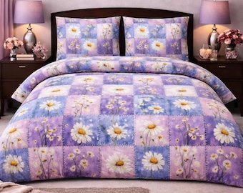 Juego de funda nórdica con diseño de margaritas moradas y patchwork, ropa de cama con estampado floral estilo cottagecore, funda nórdica estilo edredón azul lavanda, juego de ropa de cama shabby chic.