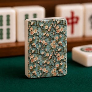 May include: A rectangular mahjong tile featuring a light blue background with a detailed pattern of white and pink cherry blossom flowers on dark brown branches. The tile has a smooth, glossy finish and is positioned upright on a green surface.