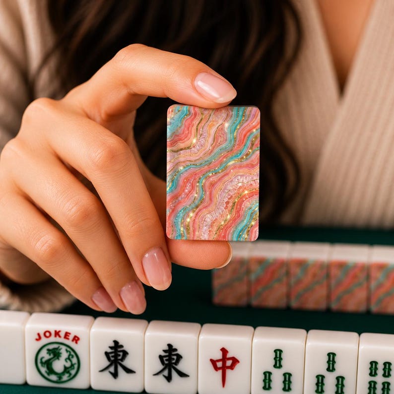 American Mahjong Tile Set, Pink Coral Agate Marble Mahjong Tiles, Custom Mahjong Set, Luxury Mahjong Gift for Her, Unique Mahjong Accessorie image 1