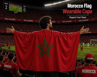 Morocco Flag Wearable Cape Hoodie, Moroccan Flag Cape, World Cup Fan Gear, Support Morocco Team, Football Stadium Outfit, Moroccan Pride Gif