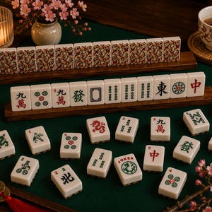 May include: A complete Mahjong set with ivory-colored tiles, displayed on a green felt surface. The tiles feature Chinese characters and symbols in red and green. The set includes wooden tile racks and is accompanied by a teacup and decorative flowers.