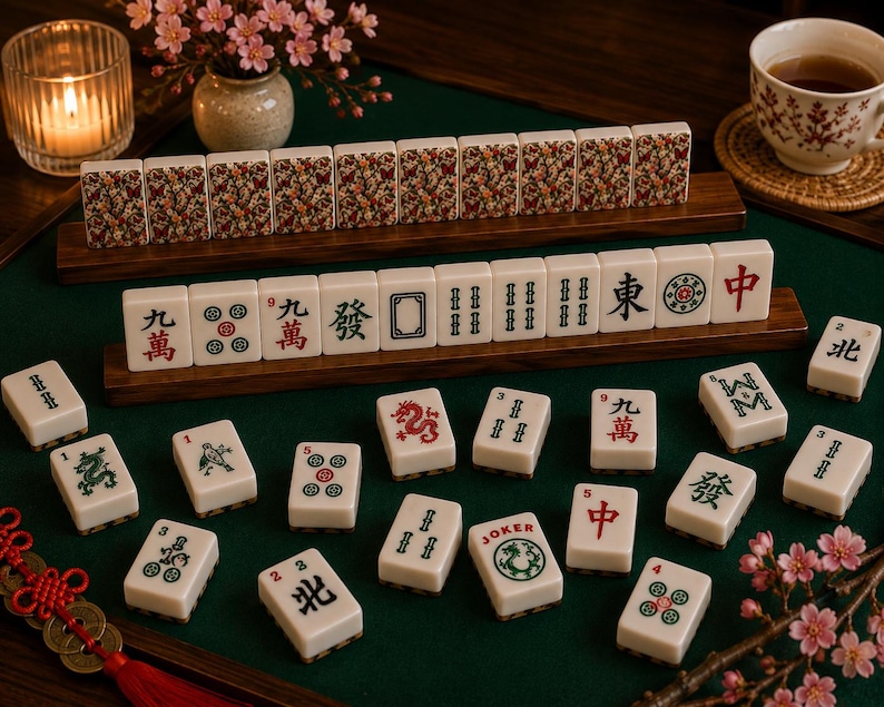 May include: A complete Mahjong set with ivory-colored tiles, displayed on a green felt surface. The tiles feature Chinese characters and symbols in red and green. The set includes wooden tile racks and is accompanied by a teacup and decorative flowers.