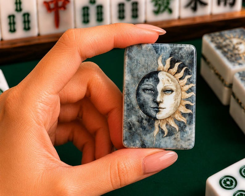May include: A rectangular mahjong tile featuring a detailed illustration of a sun and moon face split down the center. The background of the tile has a mottled blue and grey marble-like texture, while the celestial design is rendered in shades of gold, cream, and dark blue.