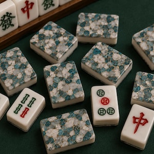 May include: A collection of mahjong tiles featuring a mix of standard white tiles with green and red engraved symbols and decorative tiles with a blue, white, and gold speckled stone-like pattern on the back, arranged on a dark green surface.